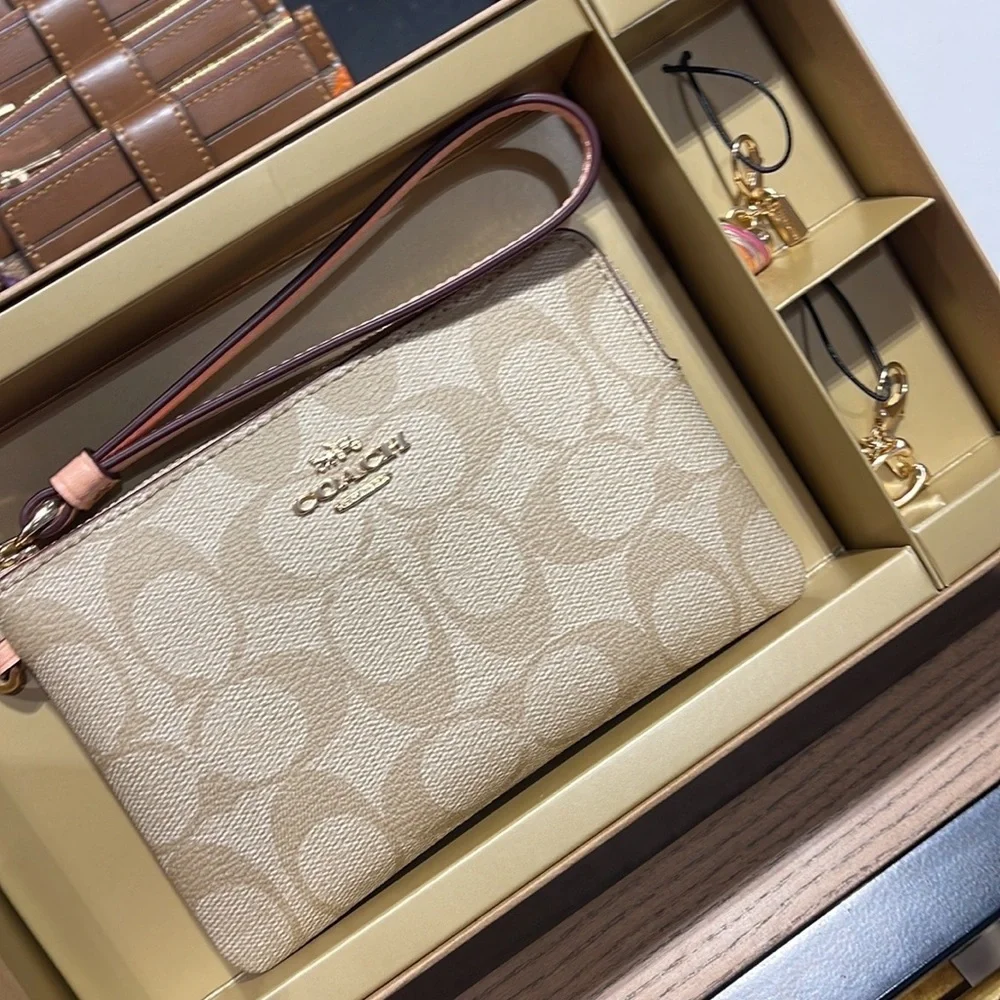 Coach Boxed Corner Zip Wristlet In Signature Canvas Gold/Light Khaki/Faded Blush